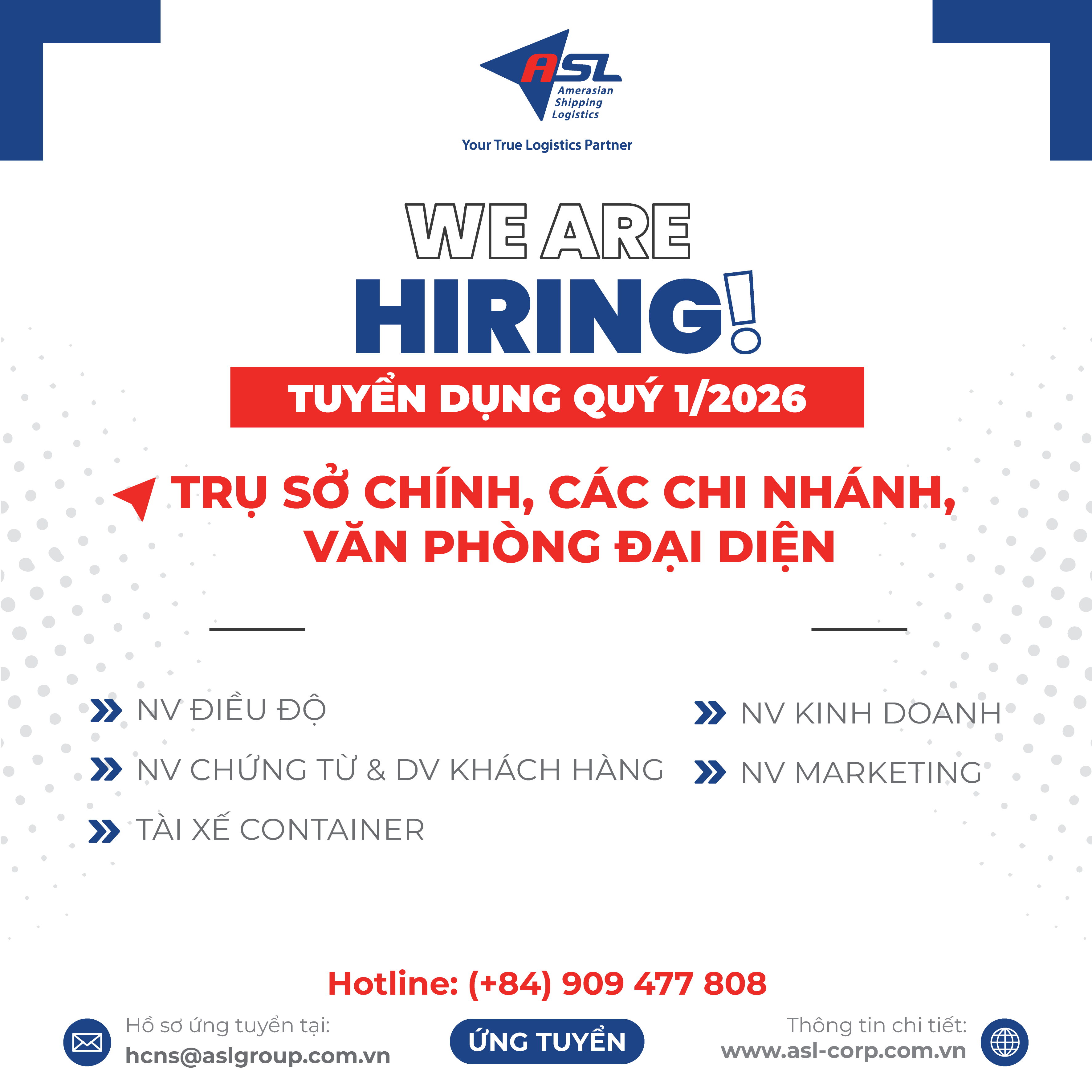 ASL LOGISTICS THÔNG BÁO TUYỂN DỤNG QUÝ 01 - 2026